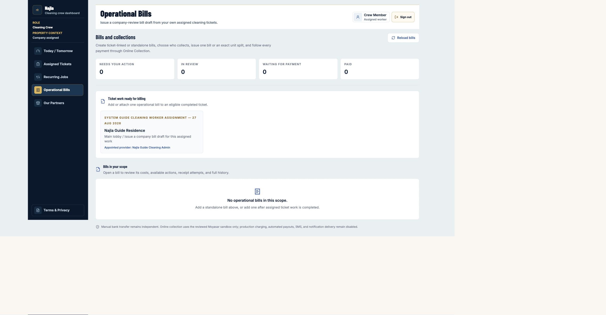 Real Najla staging Cleaning Crew Operational Bills page captured after authenticated verification.