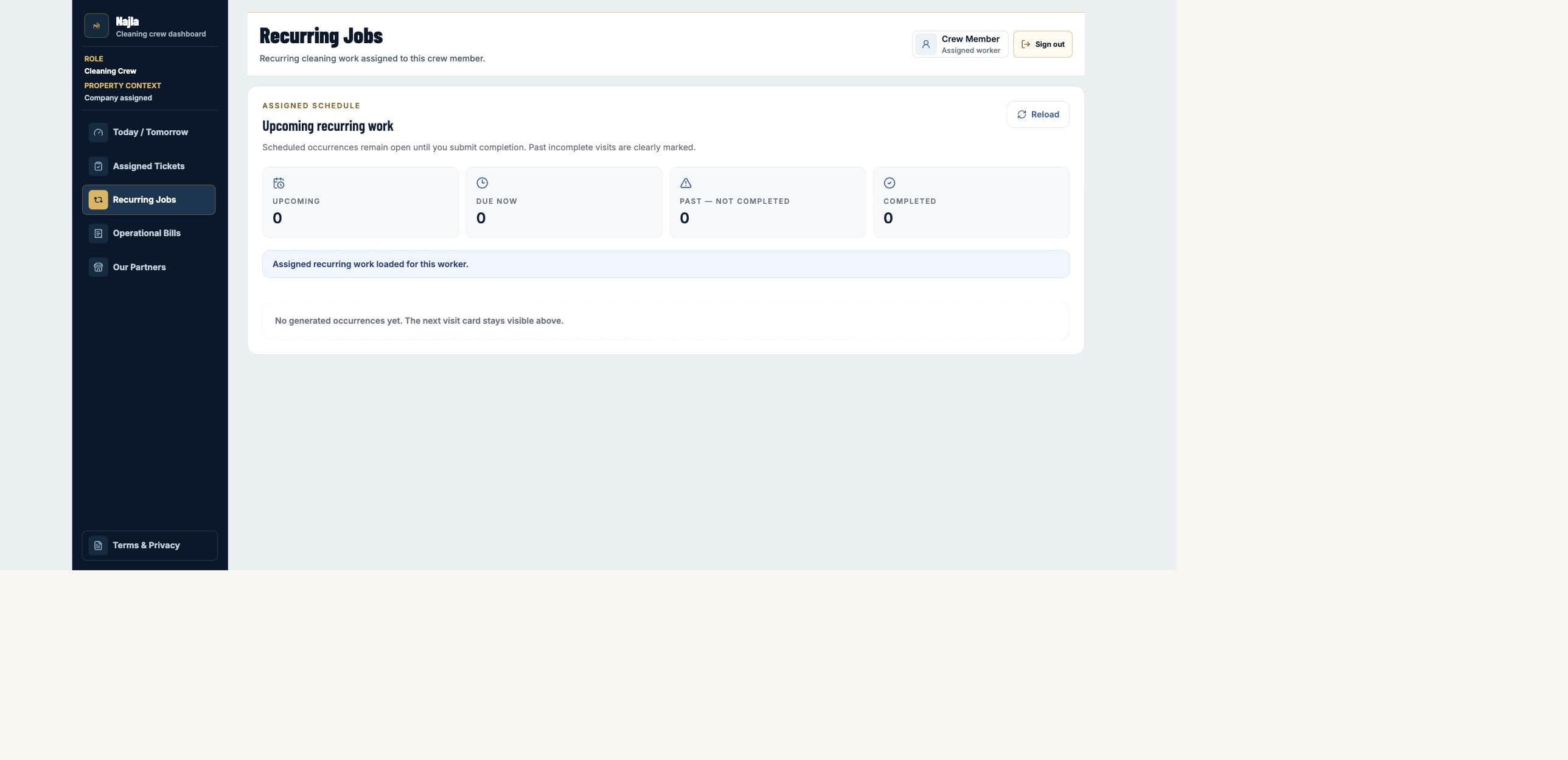 Real Najla staging Cleaning Crew Recurring Jobs page captured after authenticated verification.