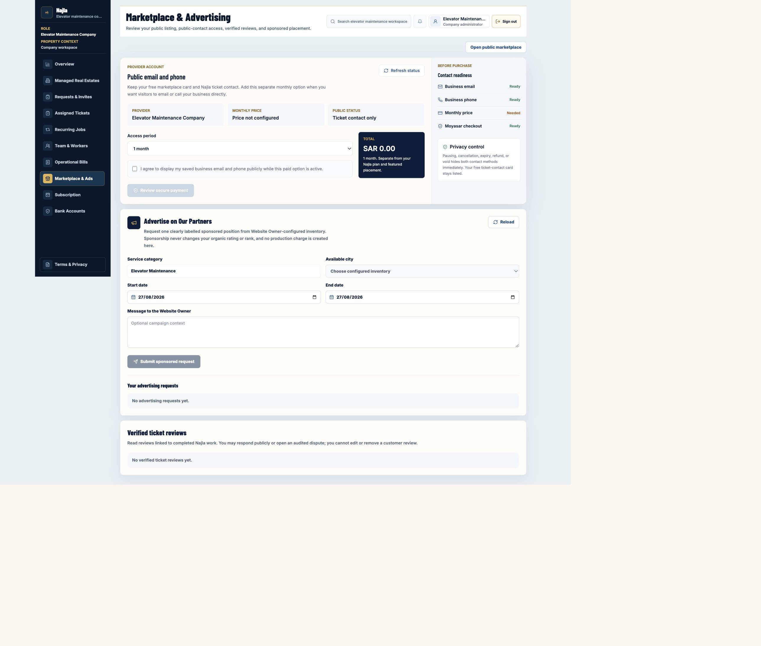 Real Najla staging Elevator Maintenance Company Marketplace & Ads page captured after authenticated verification.