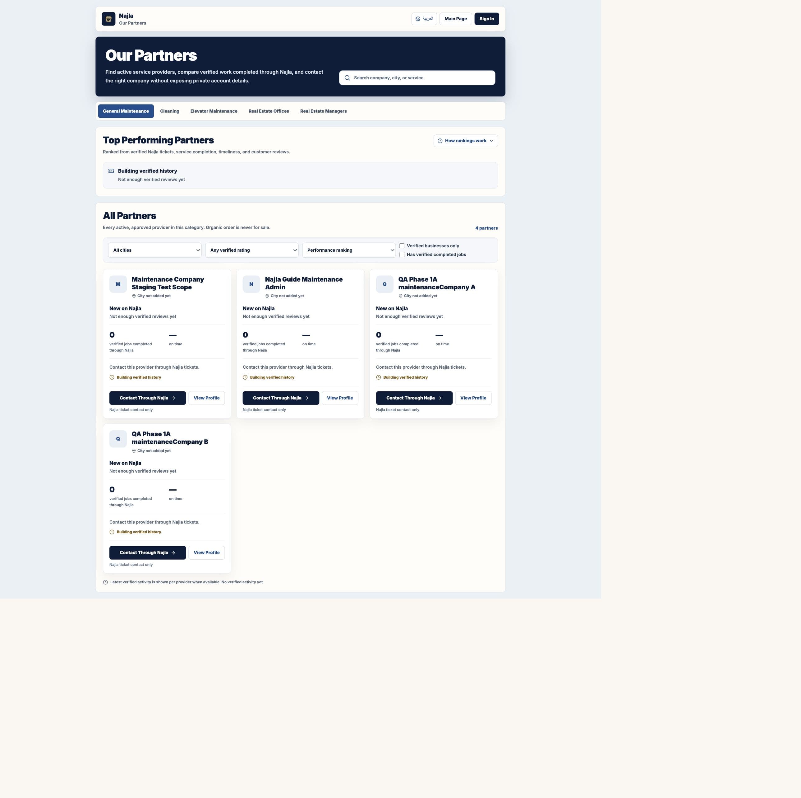 Real Najla staging Elevator Maintenance Worker Our Partners page captured after authenticated verification.