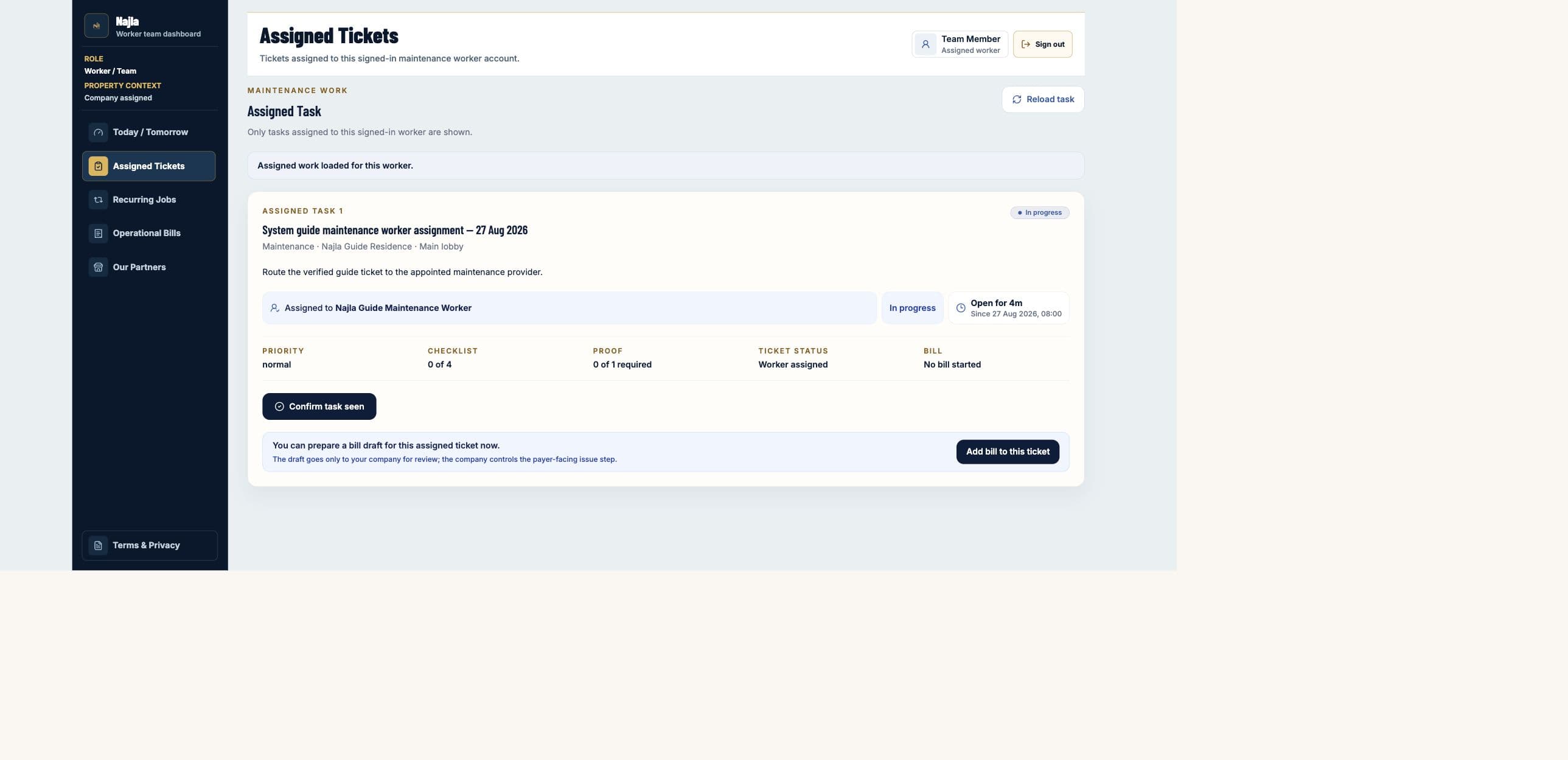 Real Najla staging Maintenance Worker / Team Assigned Tickets page captured after authenticated verification.