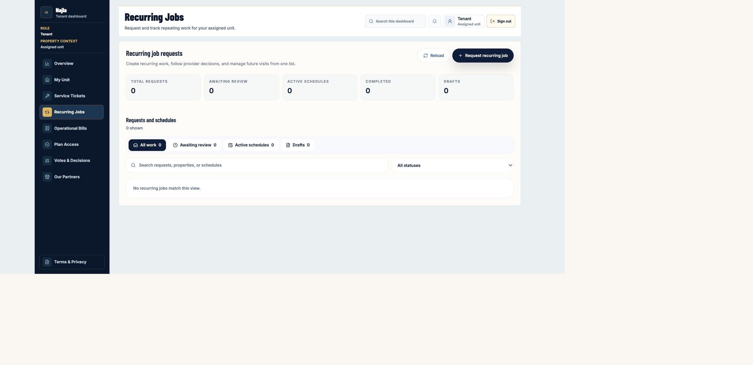 Real Najla staging Tenant Recurring Jobs page captured after authenticated verification.